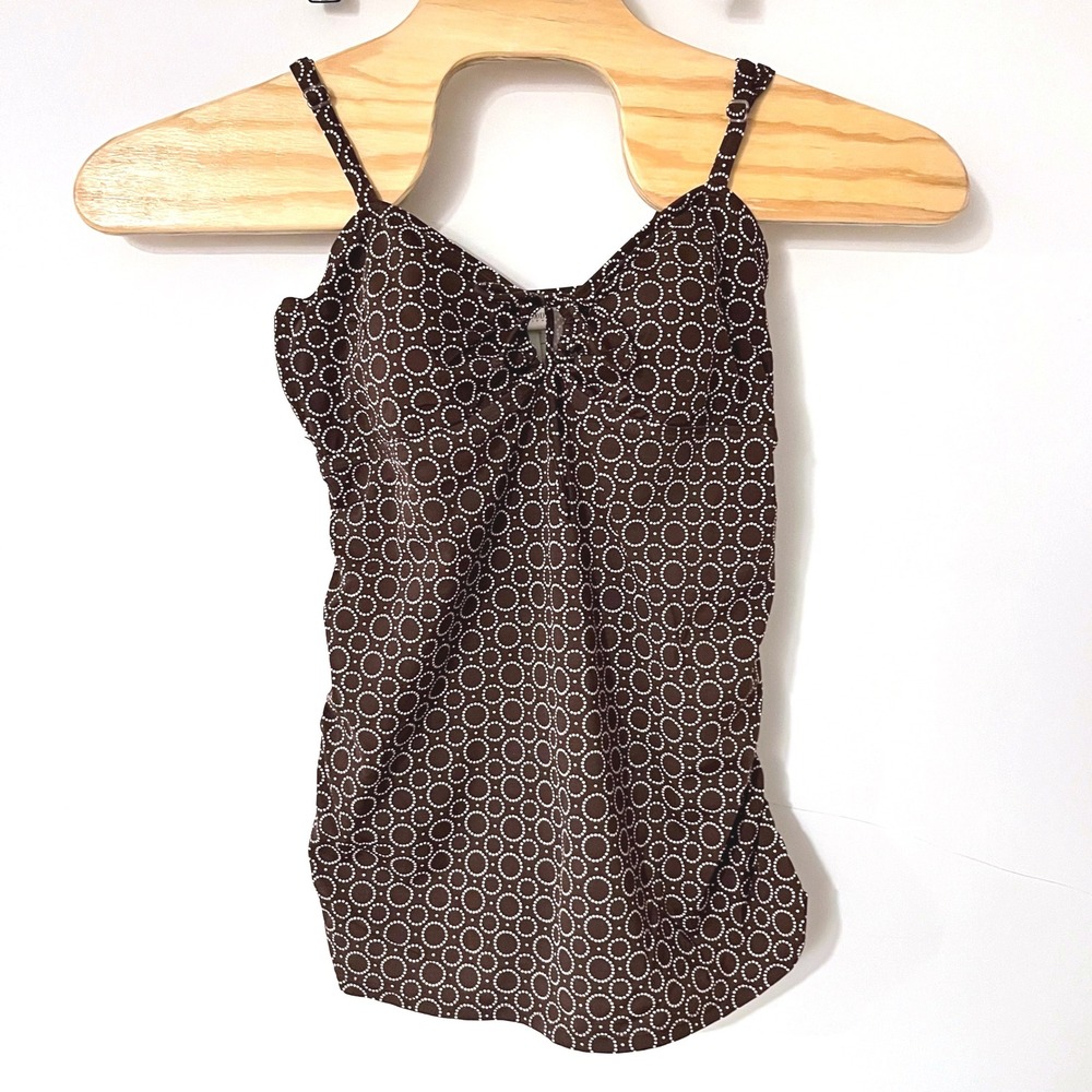 Motherhood Maternity Tankini Swim Top Brown White‎ Circle Print Large L Ruched